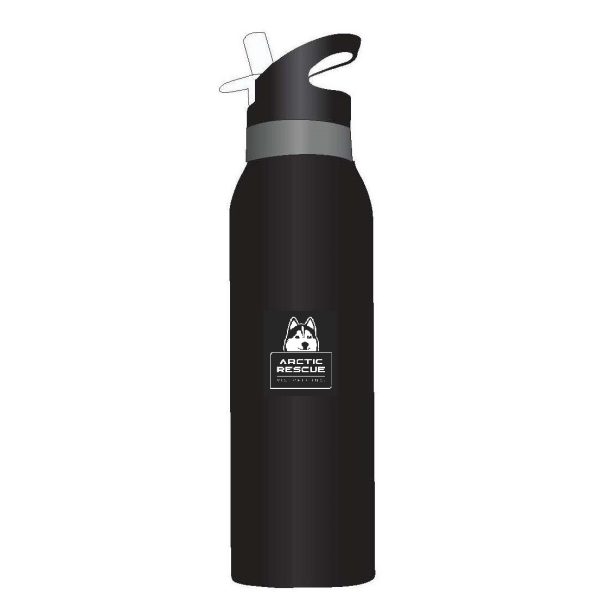 Metal insulated drink bottle with straw - Black & silver, 500ml